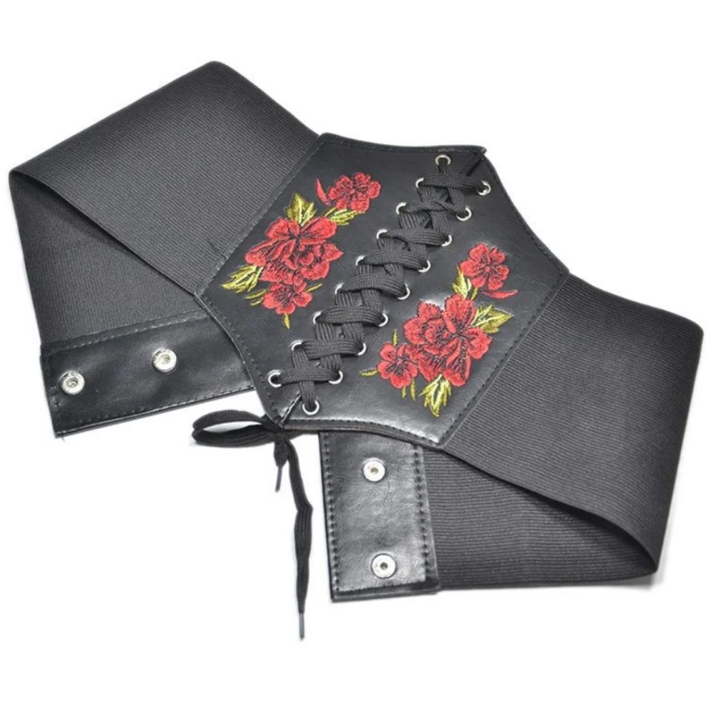 Black corset floral rose embroidered boho faux leather waist statement belt - Picture 14 of 14